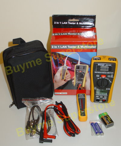 Buyme.com.au - DOSS DM1000 Lan Network Tester & Digital Multimeter - Features: 2 in 1 LAN Tester & Digital Multimeter * Measures DC/AC voltage * DC/AC Current, Resistance, Continuity, Diode and LAN tester * 3-1/2 digit (200 count) LCD display for multmeter functions * LED displays the actual pin configuration of 10BASE-T AND 10BASE-02 Thin Ethernet, RJ45/RJ11 modular, 258A, tia-568a/568b and Token ring cables * Double moulded housing CAT111 600V; CAT11 1000V * Provides easy to read continuity and fault status display * Checks for continuity, open wire, ground wire, shorted pair and crossed pair faults * Allows for remote testing of installed cables from wall jack or patch panel * Auto or manual scanning for LAN tester * Autoranging with auto power off for multimeter functions